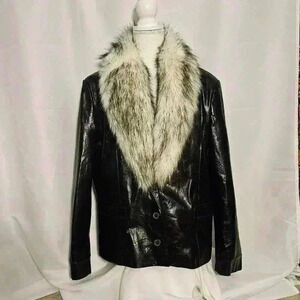 Vintage Womens Wilson's Maxima Black Leather Coat Faux Fur Collar XL